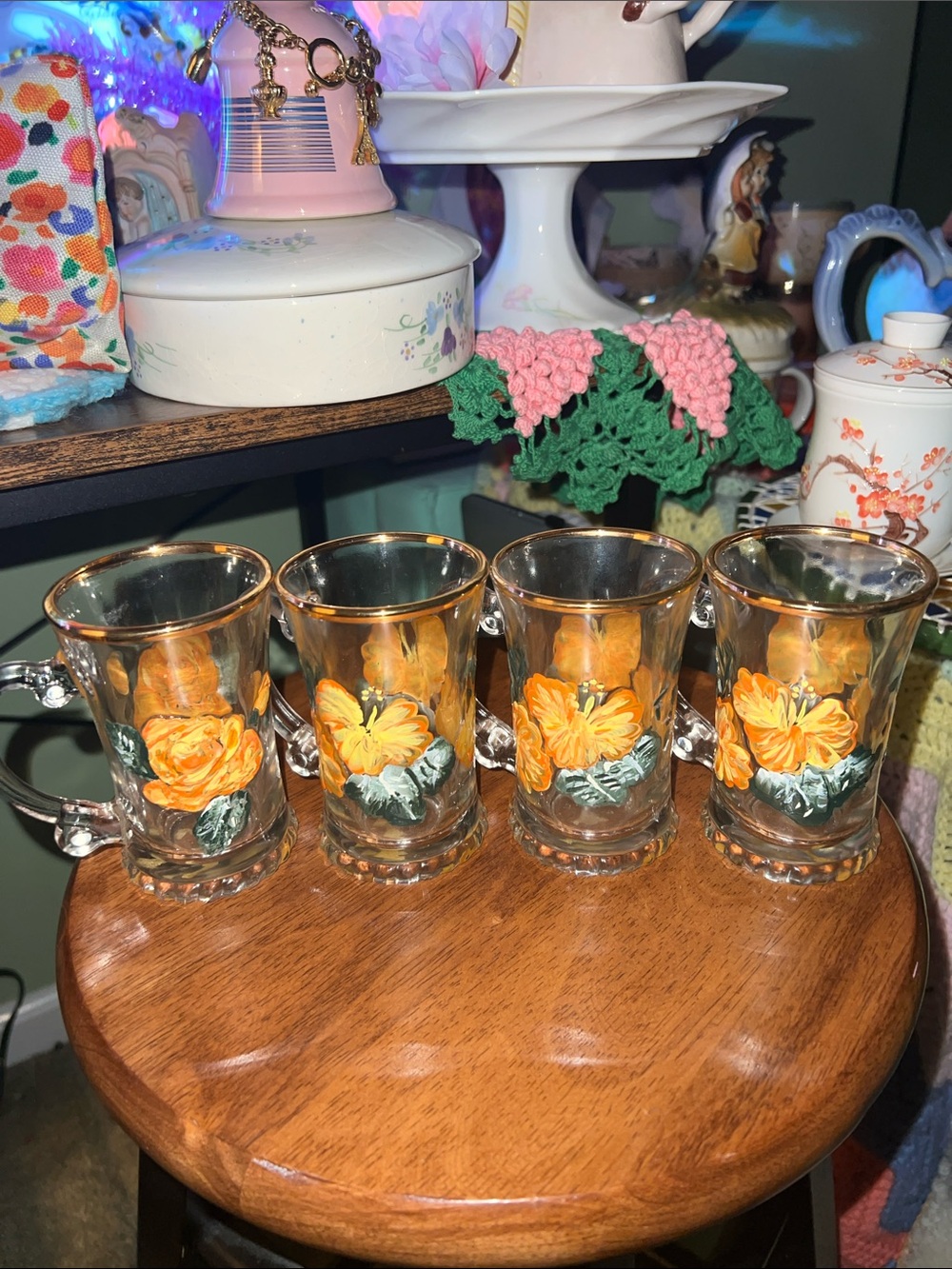 Hand-Painted Floral Glass Mugs with Gold Rim - Set of 4 - Picture 3 of 6